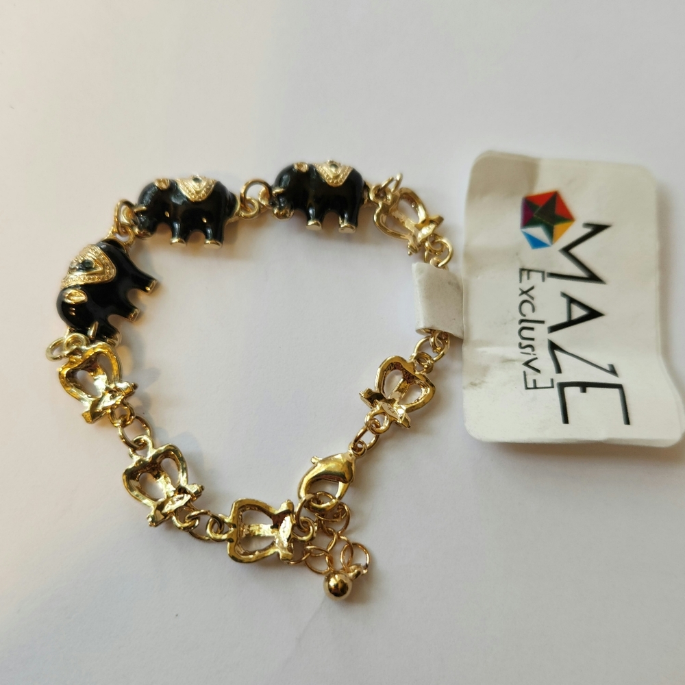 Gold Tone Black Elephant Charm Bracelet